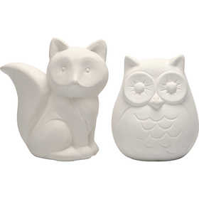 Money Box, owl and fox, H: 9 cm, white, 2 pc/ 1 pack [HOB-50570]