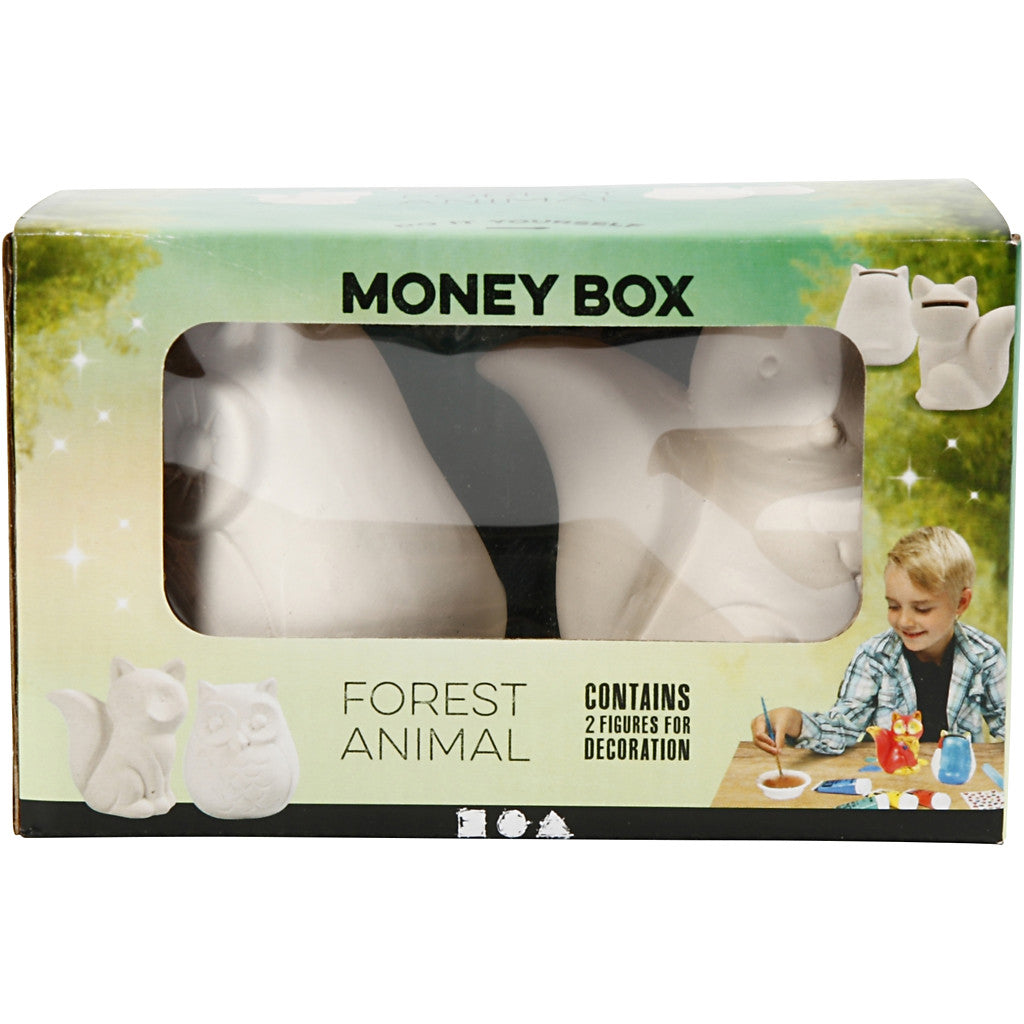 Money Box, owl and fox, H: 9 cm, white, 2 pc/ 1 pack [HOB-50570]