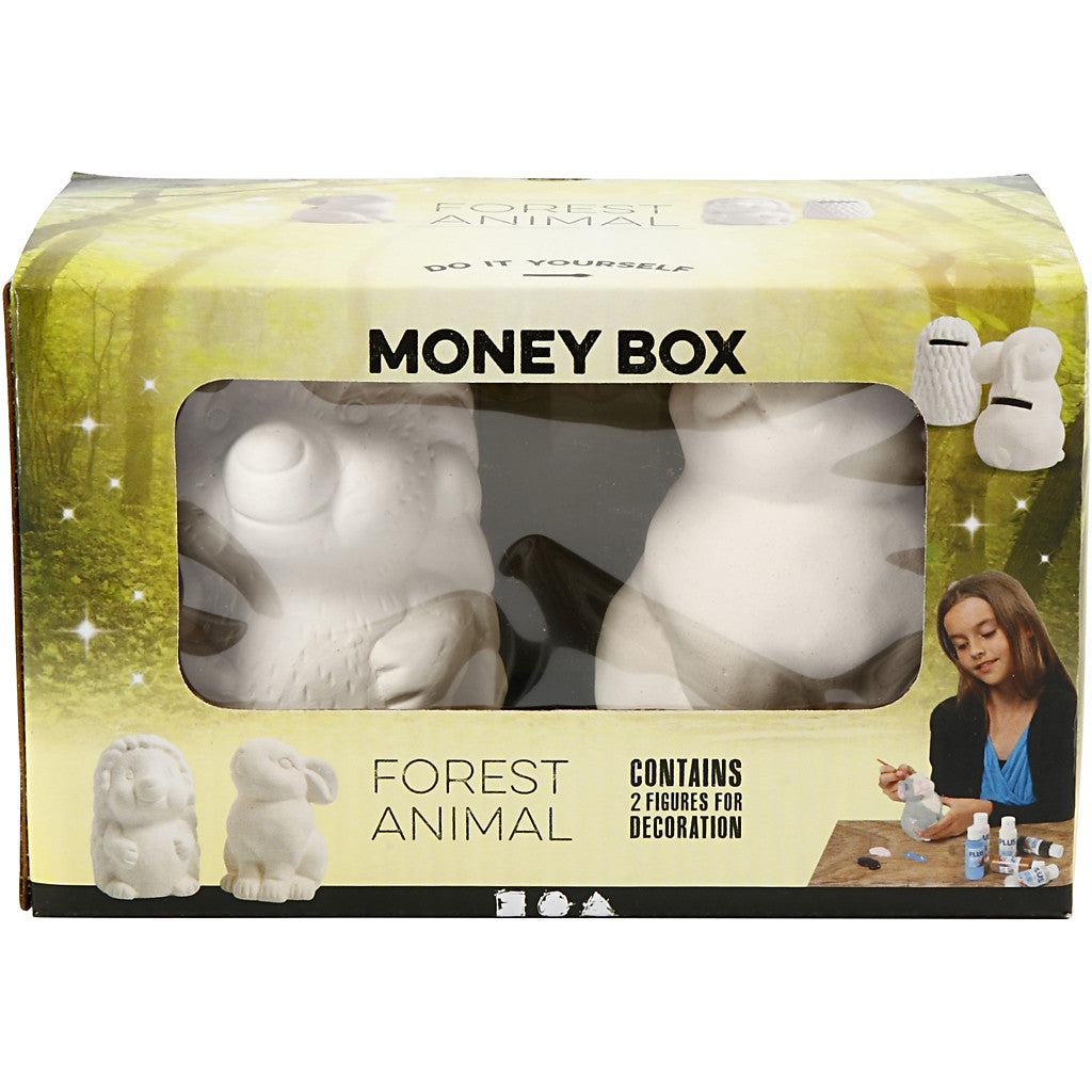 Money Box, hedgehog and hare, H: 10 cm, white, 2 pc/ 1 pack [HOB-50571]