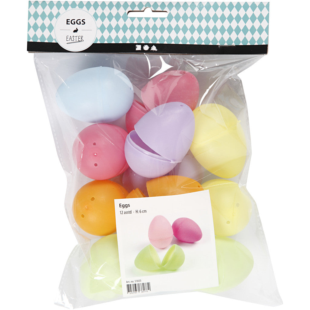 Eggs, H: 6 cm, dia. 4 cm, pastel colours, 12 pc/ 1 pack [HOB-51033]