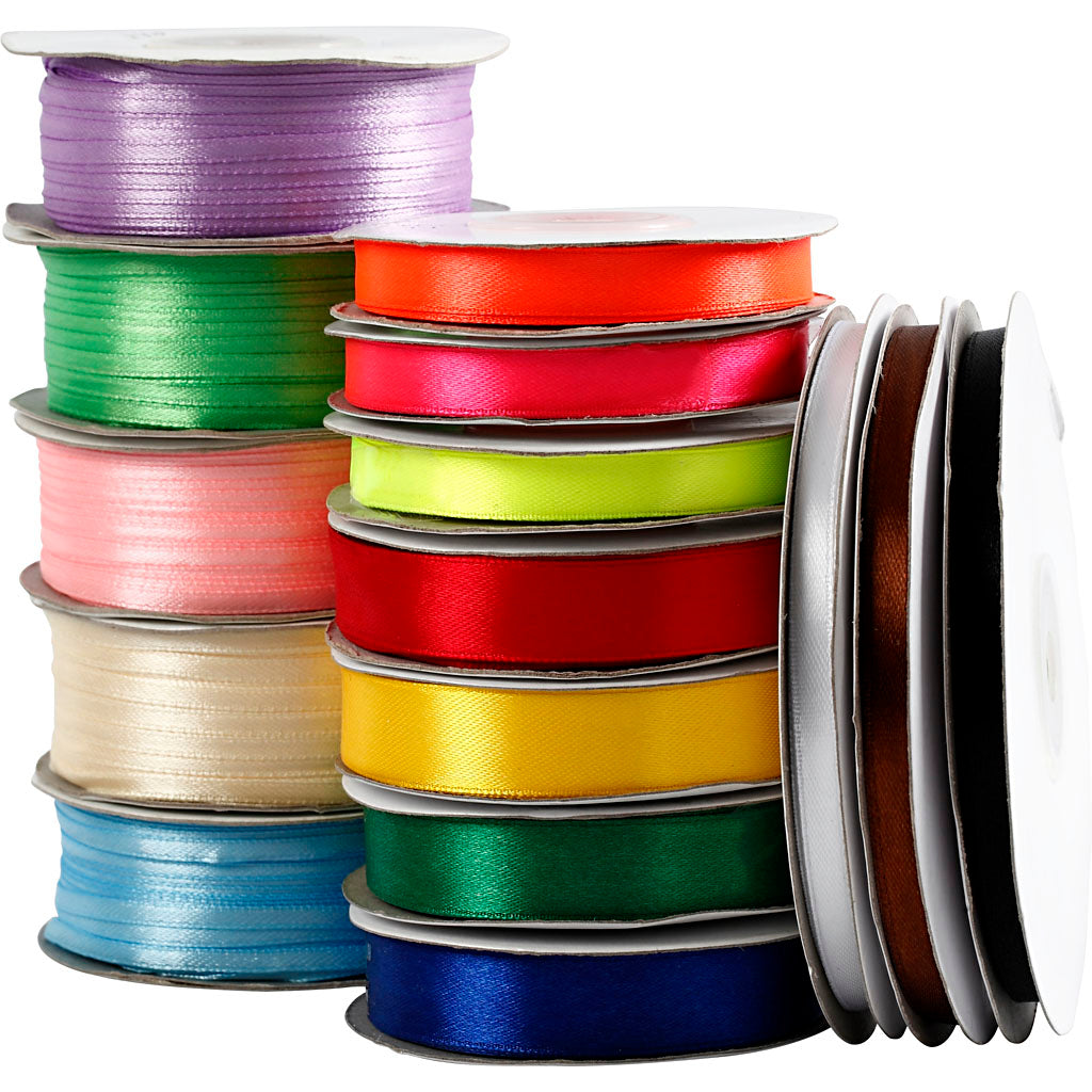 Satin Ribbon, W: 3-19 mm, assorted colours, 15 roll