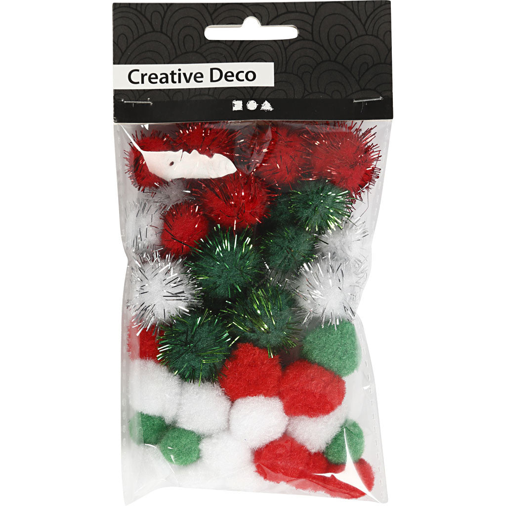 Pom poms, dia. 15+20 mm, green, red, white, 48 asstd./ 1 pack [HOB-51881]