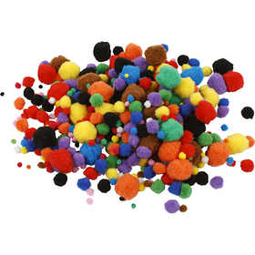 Pom poms, dia. 5-40 mm, ca. 150 pc, assorted colours, 42 g/ 1 pack [HOB-518900]