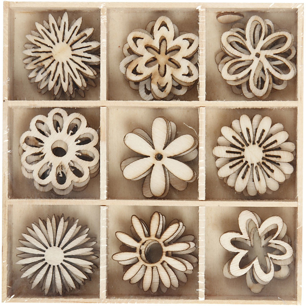 Wooden decorations, flowers, size 28 mm, 45 pc/ 1 pack [HOB-52376]