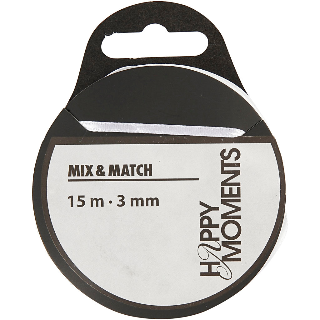 Satin Ribbon, W: 3 mm, white, 15 m/ 1 roll