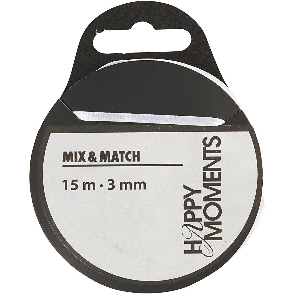 Satin Ribbon, W: 3 mm, white, 15 m/ 1 roll [HOB-524501]
