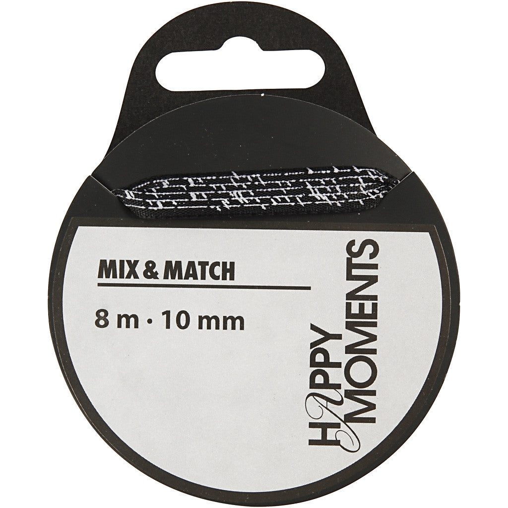 Satin Ribbon With Print, W: 10 mm, black, 8 m/ 1 roll [HOB-524602]