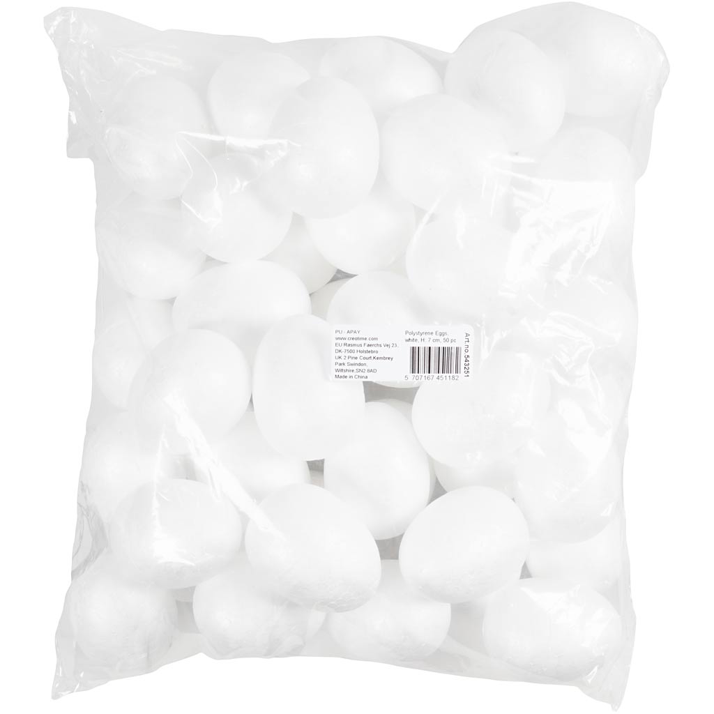 Polystyrene Eggs, H: 7 cm, white, 50 pc/ 1 pack [HOB-543251]