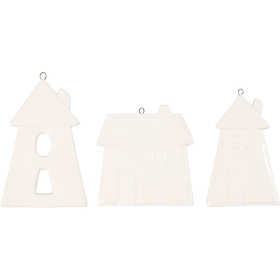 Hanging Ornaments, houses, H: 7,6-9,7 cm, white, 3 pc/ 1 pack [HOB-555170]