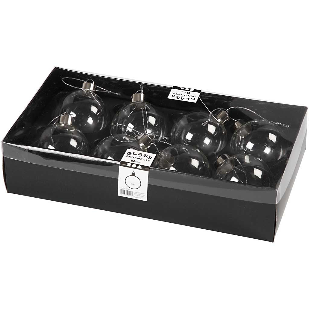Glass Ornaments, H: 6,9 cm, dia. 5,9 cm, transparent, 8 pc/ 1 pack [HOB-55942]