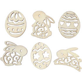 Wooden decorations, easter eggs and bunnies, H: 40 mm, thickness 3 mm, 24 pc/ 1 pack [HOB-56231]