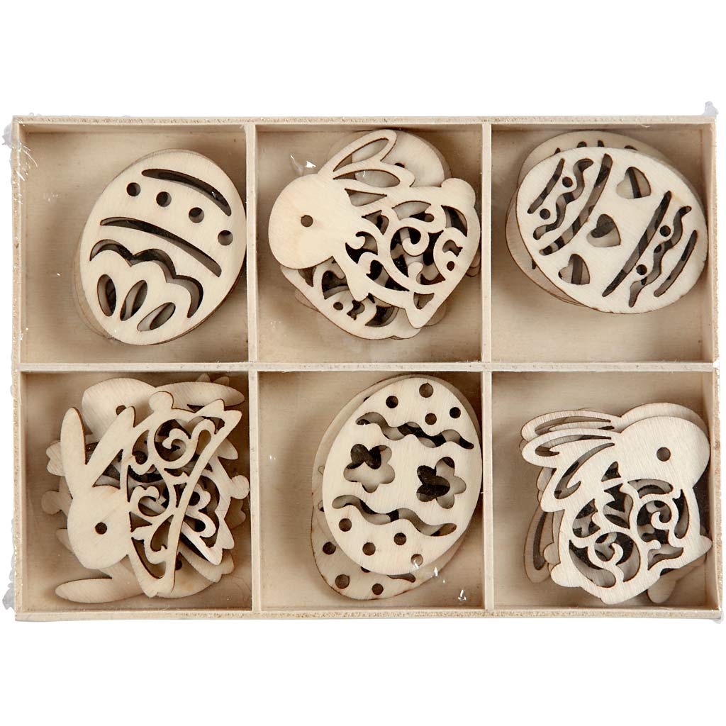 Wooden decorations, easter eggs and bunnies, H: 40 mm, thickness 3 mm, 24 pc/ 1 pack [HOB-56231]