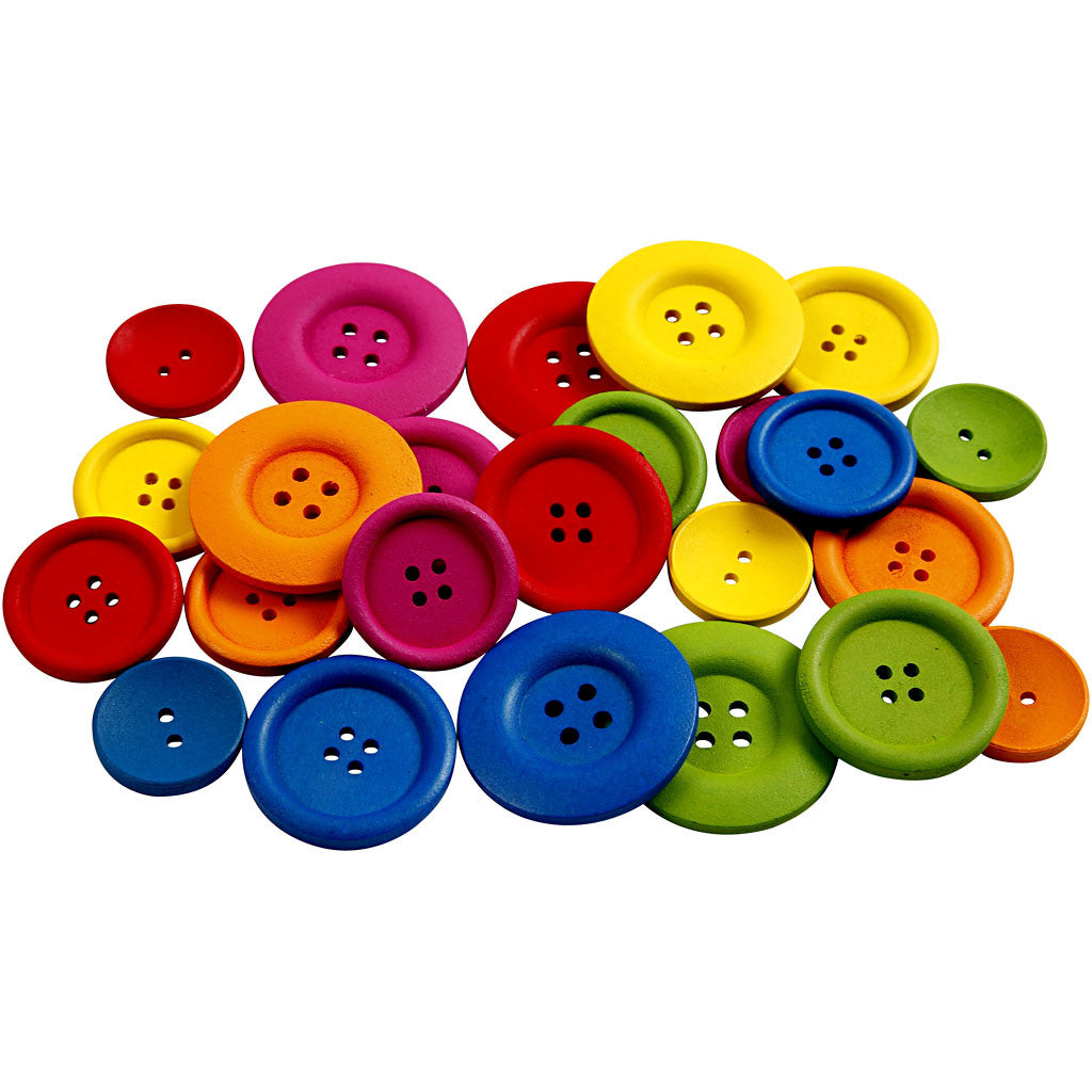 Wooden Buttons, dia. 25-40 mm, 2-4 holes, assorted colours, 144 pc/ 1 pack [HOB-56689]