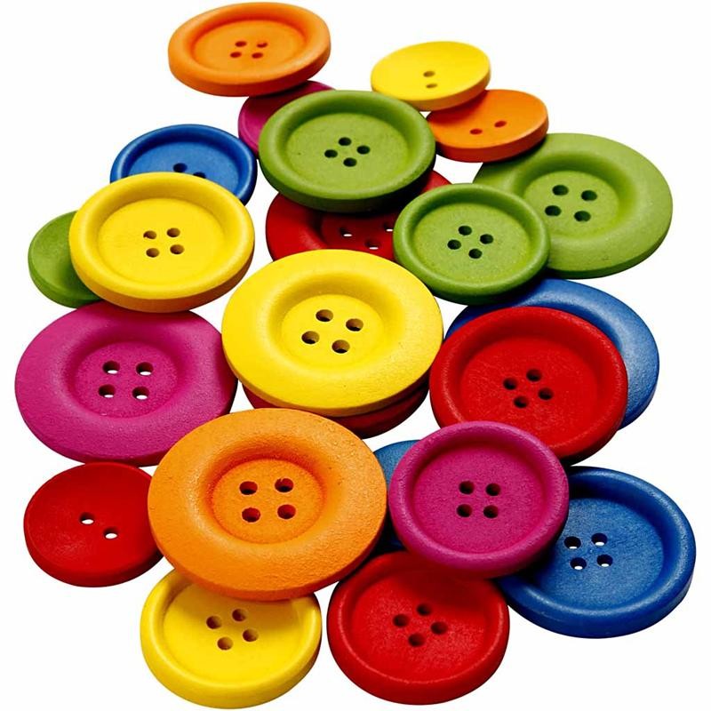 Wooden Buttons, dia. 25-40 mm, 2-4 holes, assorted colours, 144 pc/ 1 pack [HOB-56689]