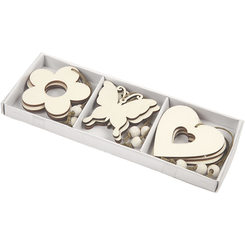 Wooden Ornament, flower, butterfly, heart, size 6 cm, 9 pc/ 1 pack [HOB-56731]