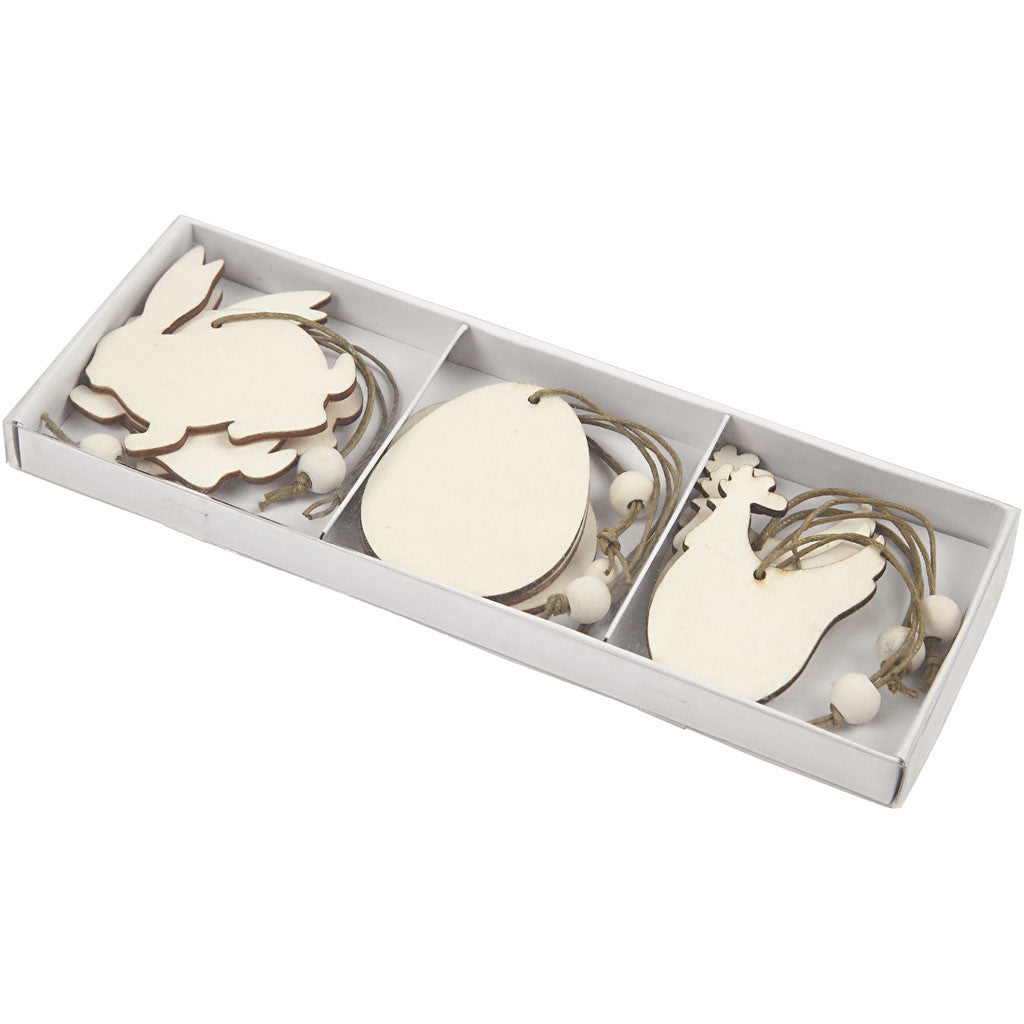 Wooden Ornament, rabbit, egg, hen, size 6 cm, thickness 3 mm, 9 pc/ 1 pack [HOB-56732]