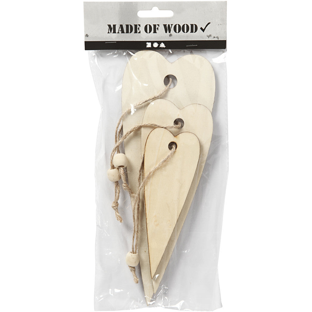 Wooden Ornament, long heart, H: 12+16+20 cm, thickness 5 mm, 3 pc/ 1 pack [HOB-56735]