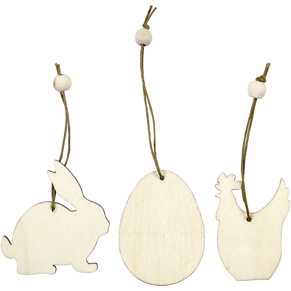Wooden Ornament, rabbit, egg, hen, size 6 cm, thickness 3 mm, 200 pc/ 1 pack [HOB-56740]