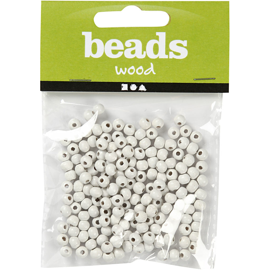 Wooden Beads, dia. 5 mm, hole size 1,5 mm, ca. 150 pc, white, 6 g/ 1 pack [HOB-570392]