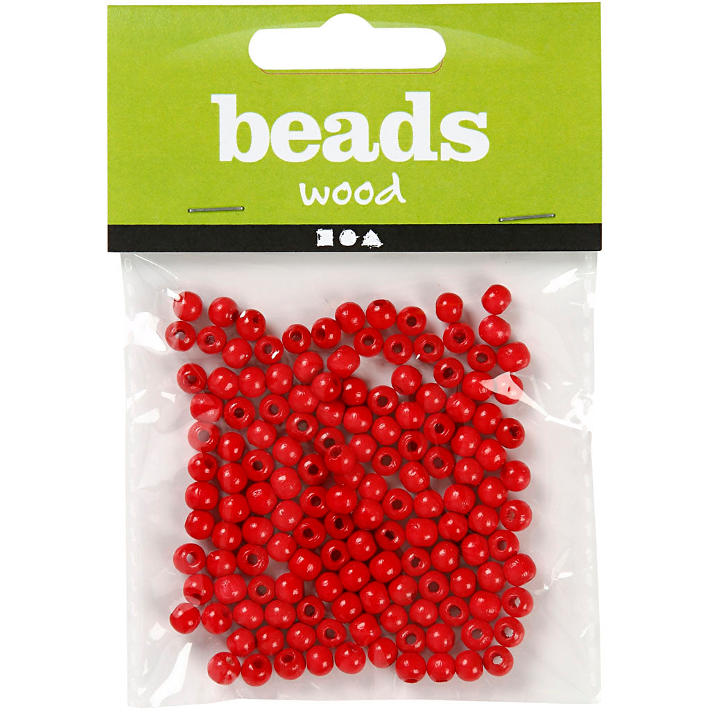 Wooden Beads, dia. 5 mm, hole size 1,5 mm, ca. 150 pc, red, 6 g/ 1 pack [HOB-570394]