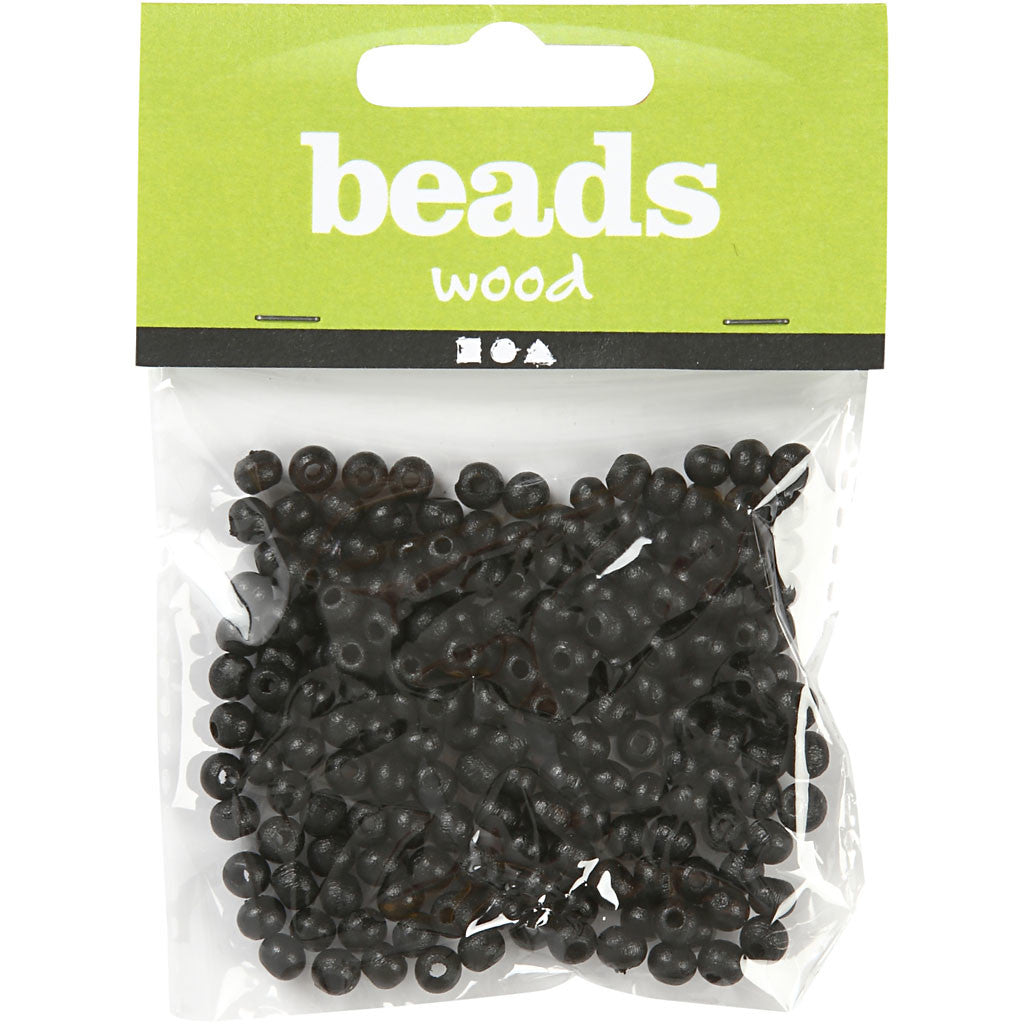 Wooden Beads, dia. 5 mm, hole size 1,5 mm, ca. 150 pc, black, 6 g/ 1 pack [HOB-570395]