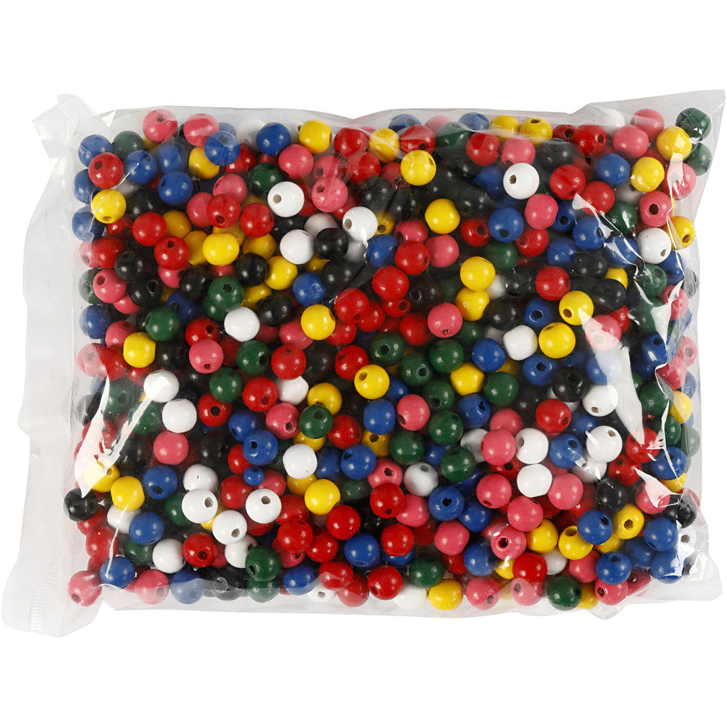 Wooden Beads Mix, dia. 10 mm, hole size 3 mm, ca. 680 asstd., assorted colours, 230 g/ 1 pack [HOB-57045]