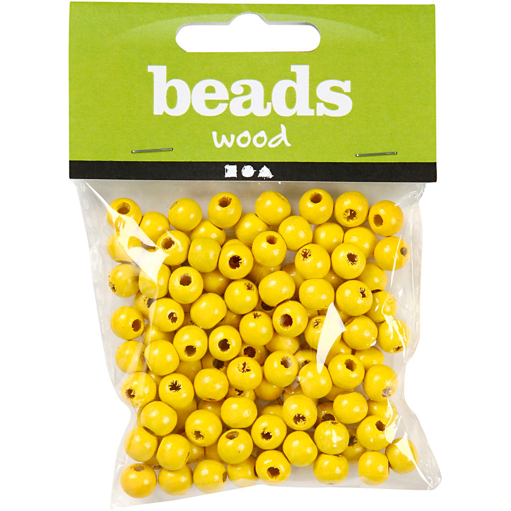 Wooden Beads, dia. 8 mm, hole size 2 mm, ca. 80 pc, yellow, 15 g/ 1 pack [HOB-570493]