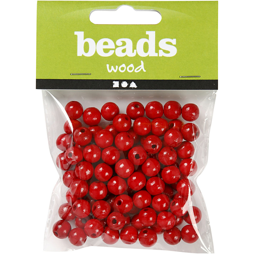 Wooden Beads, dia. 8 mm, hole size 2 mm, ca. 80 pc, red, 15 g/ 1 pack [HOB-570494]