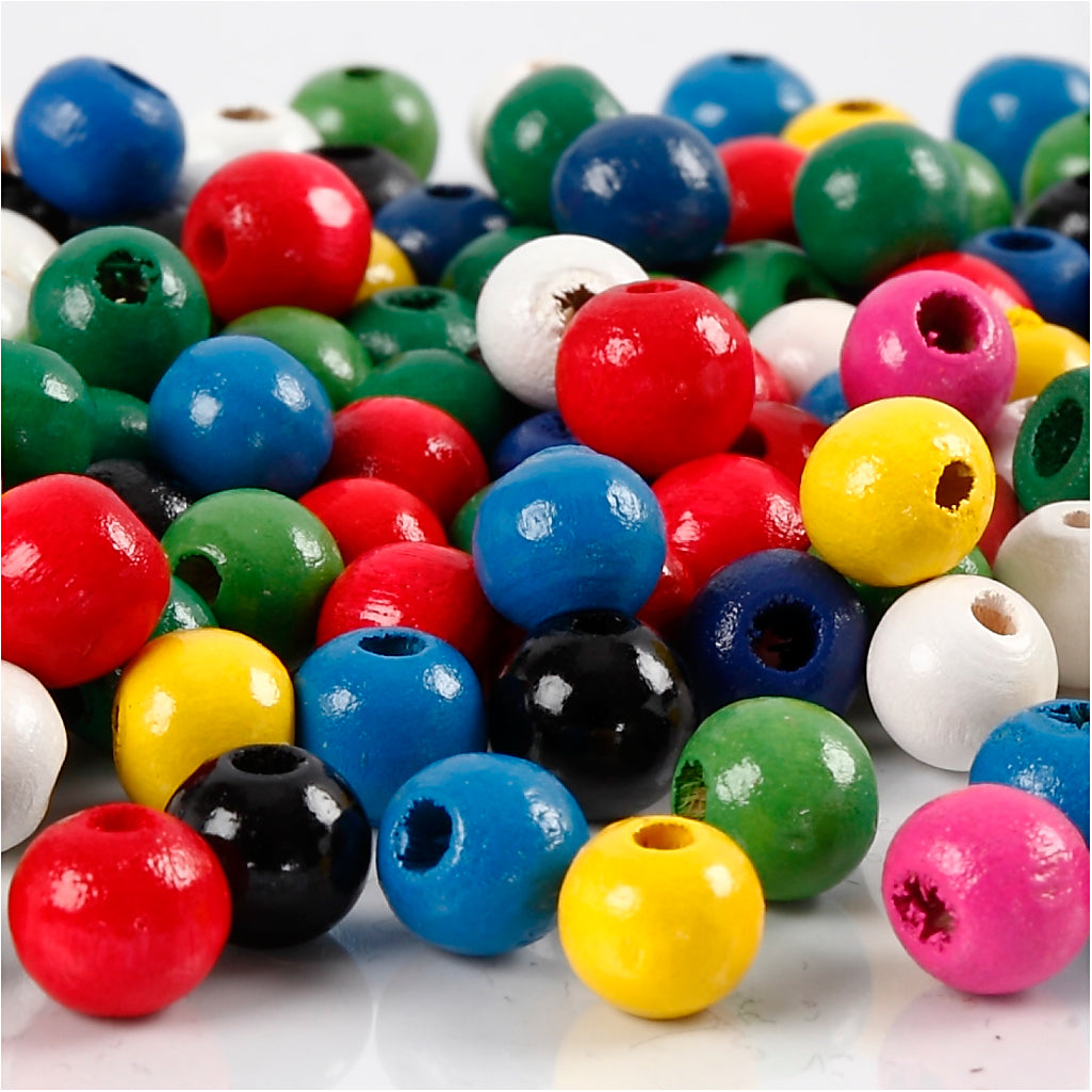 Wooden Beads Mix, dia. 8 mm, hole size 2 mm, ca. 80 pc, assorted colours, 15 g