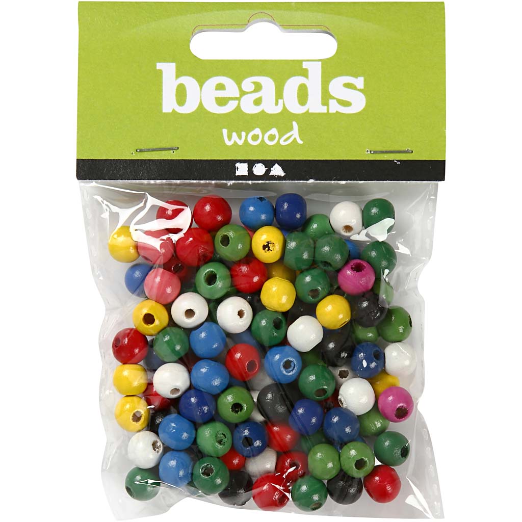 Wooden Beads Mix, dia. 8 mm, hole size 2 mm, ca. 80 pc, assorted colours, 15 g/ 1 pack [HOB-570499]