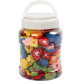 Shaped Wooden Beads, size 15-20 mm, hole size 1,5 mm, ca. 325 pc, 235 g, 700 ml/ 1 tub [HOB-571050]