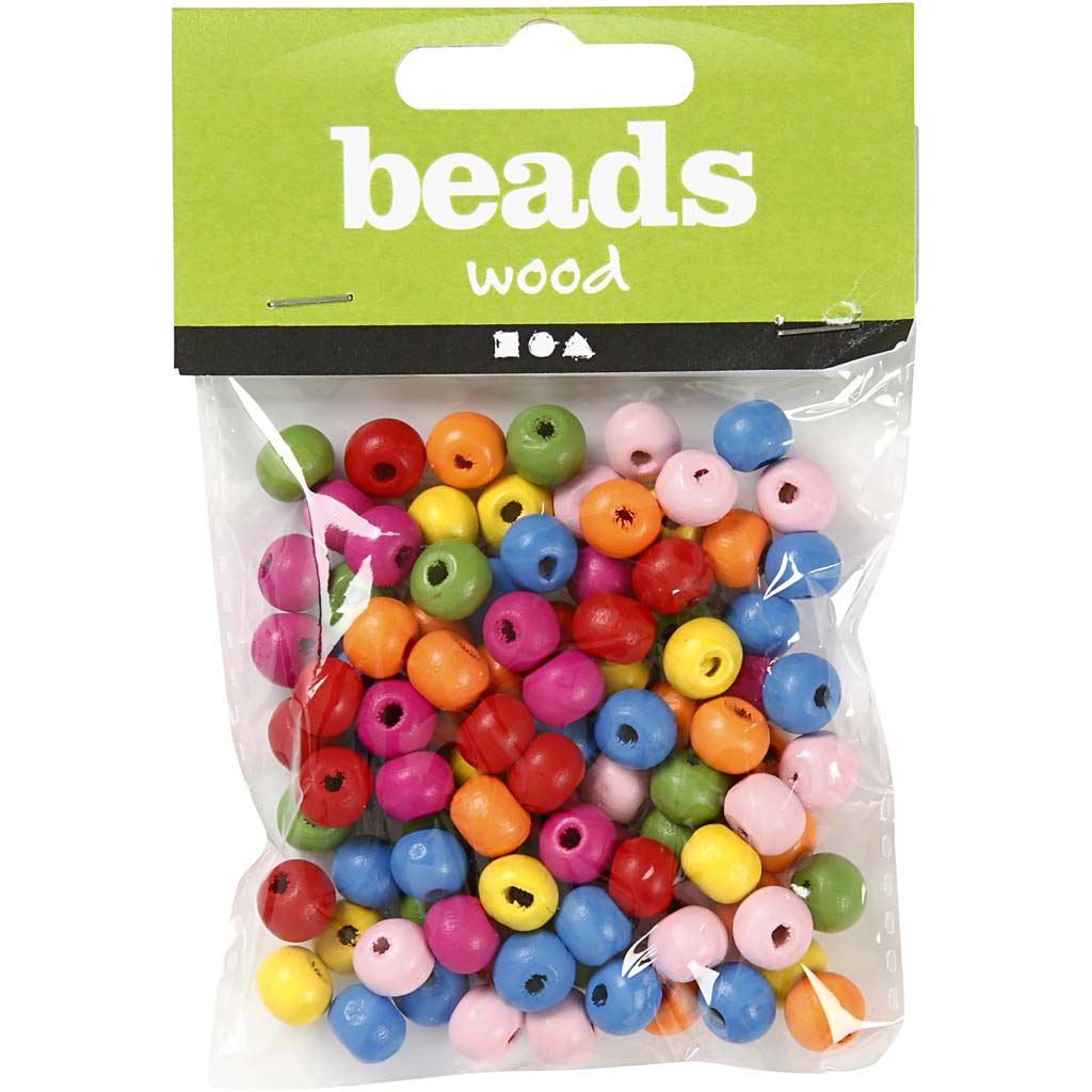 Wooden Beads, dia. 8 mm, hole size 1,5-2 mm, ca. 90 asstd., assorted colours, 16 g/ 1 pack [HOB-571060]