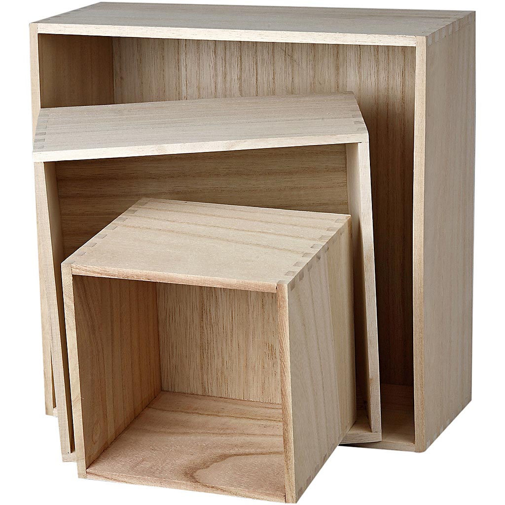 Storage Boxes, square, H: 15x15+21.5x21.5+28x28 cm, depth 12.5 cm, paulownia, 3pcs [HOB57637]