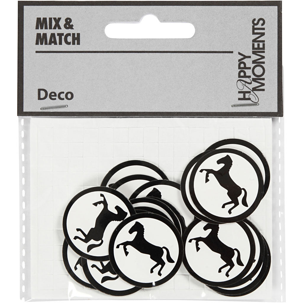 Cardboard Emblem, horse, dia. 25 mm, white/black, 20 pc/ 1 pack [HOB-587017]