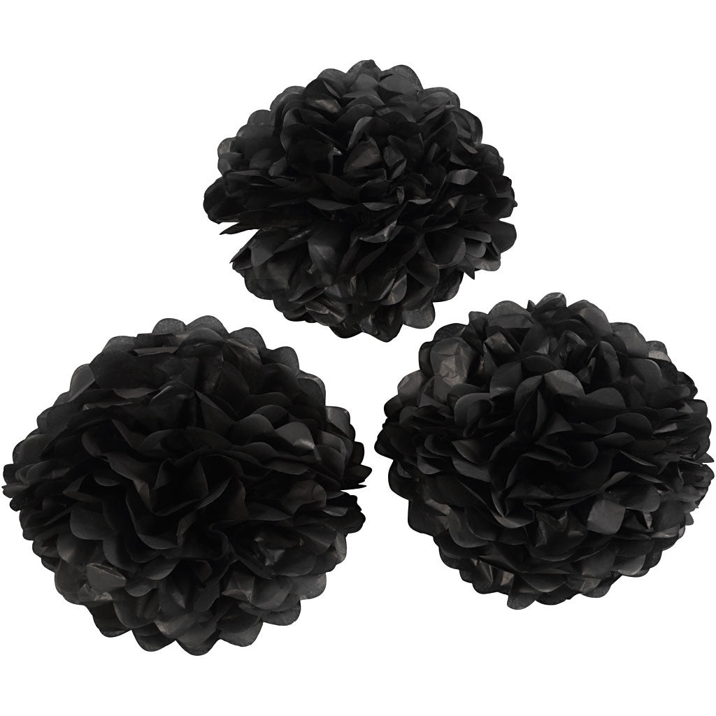 Tissue Pompons, dia. 20+24+30 cm, 16 g, black, 3 pc/ 1 pack [HOB-590002]