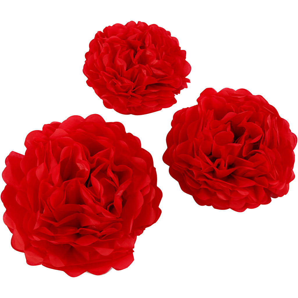 Tissue Pompons, dia. 20+24+30 cm, 16 g, red, 3 pc/ 1 pack [HOB-590003]