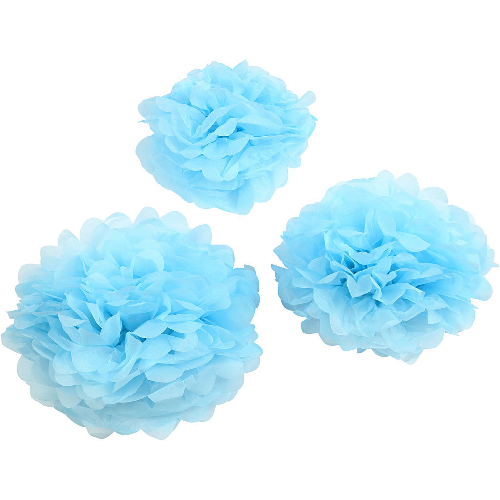 Tissue Pompons, dia. 20+24+30 cm, 16 g, light blue, 3 pc/ 1 pack [HOB-590008]