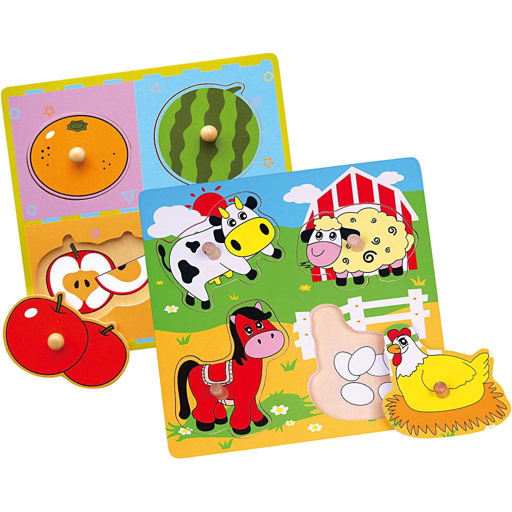 VIGA wooden jigsaw puzzles with knobs, fruit and farm animals, size 22x22 cm, 2x4 puzzle pieces, 2 parts/ 1 set [HOB-908524]