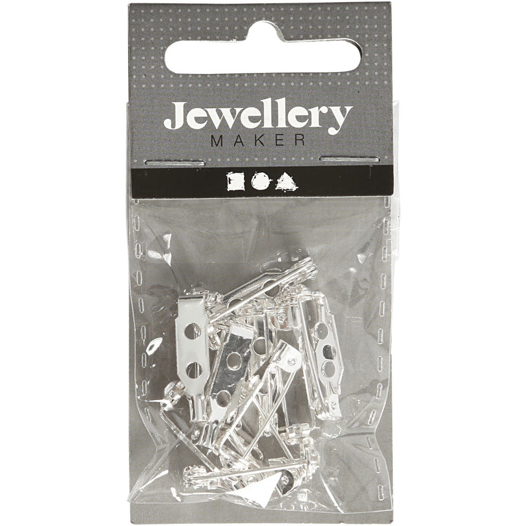Brooch Backs, L: 15 mm, silver-plated, 10 pc/ 1 pack [HOB-600700]