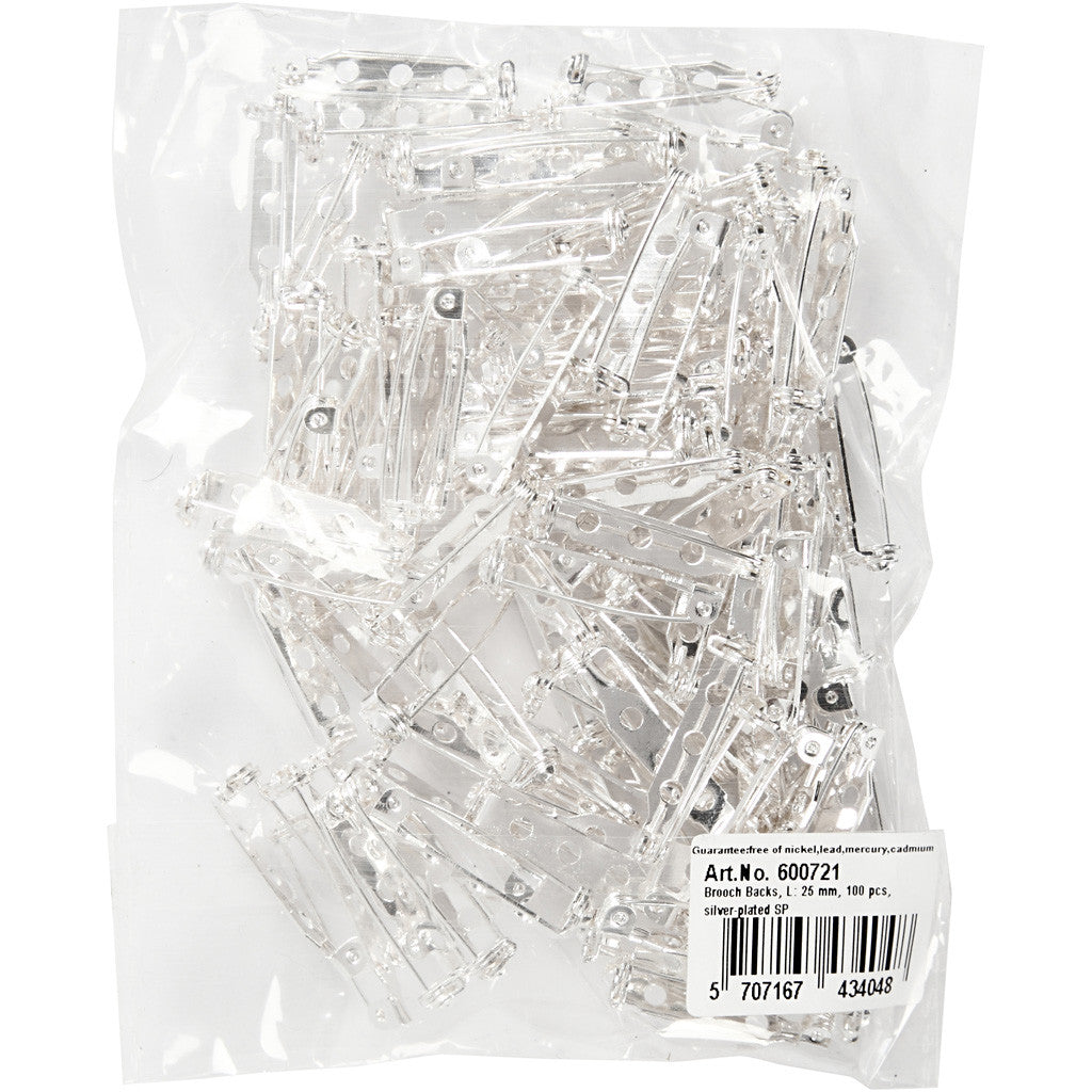 Brooch Backs, L: 25 mm, silver-plated, 100 pc/ 1 pack [HOB-600721]