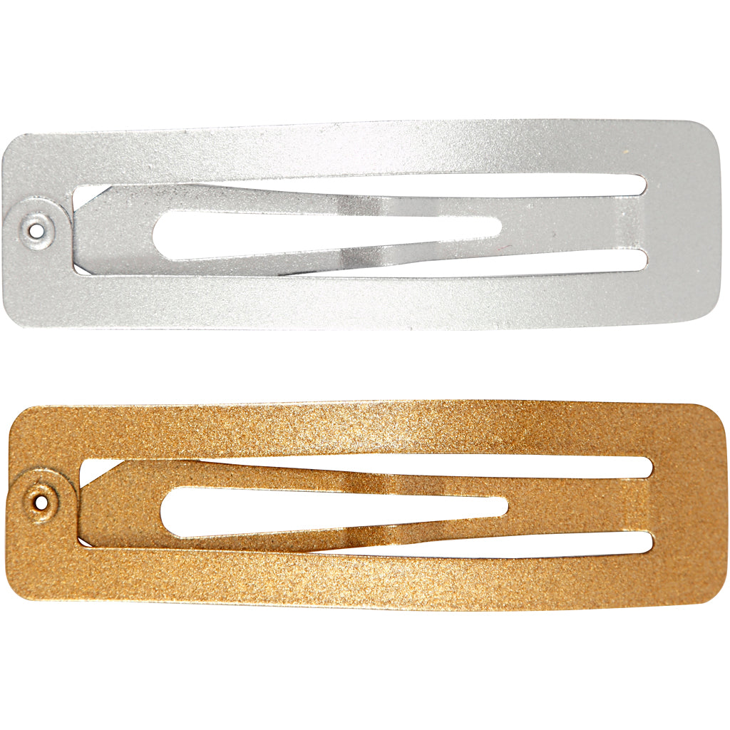 Hair Slide, L: 58 mm, W: 16 mm, gold, silver, 4 pc