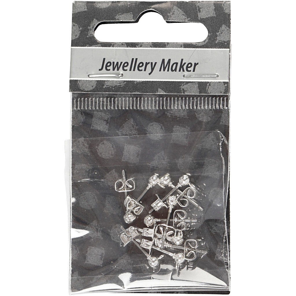 Stud Earrings, L: 13 mm, dia. 3,8 mm, hole size 0,8 mm, silver-plated, 10 pc/ 1 pack [HOB-603100]