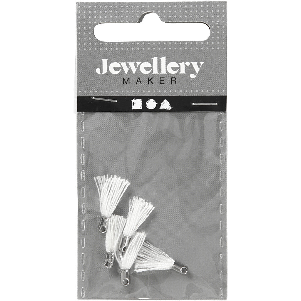 Cotton Tassel, L: 10 mm, hole size 1 mm, white, 5 pc/ 1 pack [HOB-61184]