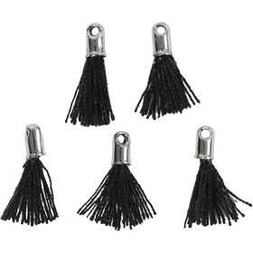 Cotton Tassel, L: 10 mm, hole size 1 mm, black, 5 pc/ 1 pack [HOB-61185]