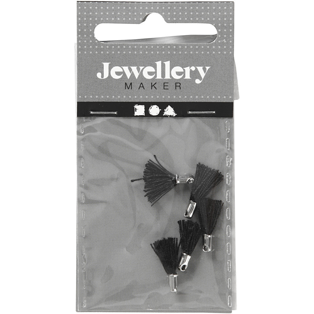 Cotton Tassel, L: 10 mm, hole size 1 mm, black, 5 pc/ 1 pack [HOB-61185]