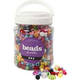 Plastic Beads, size 6-20 mm, hole size 1,5-6 mm, ca. 1175 pc, 390 g, 700 ml/ 1 tub [HOB-618050]