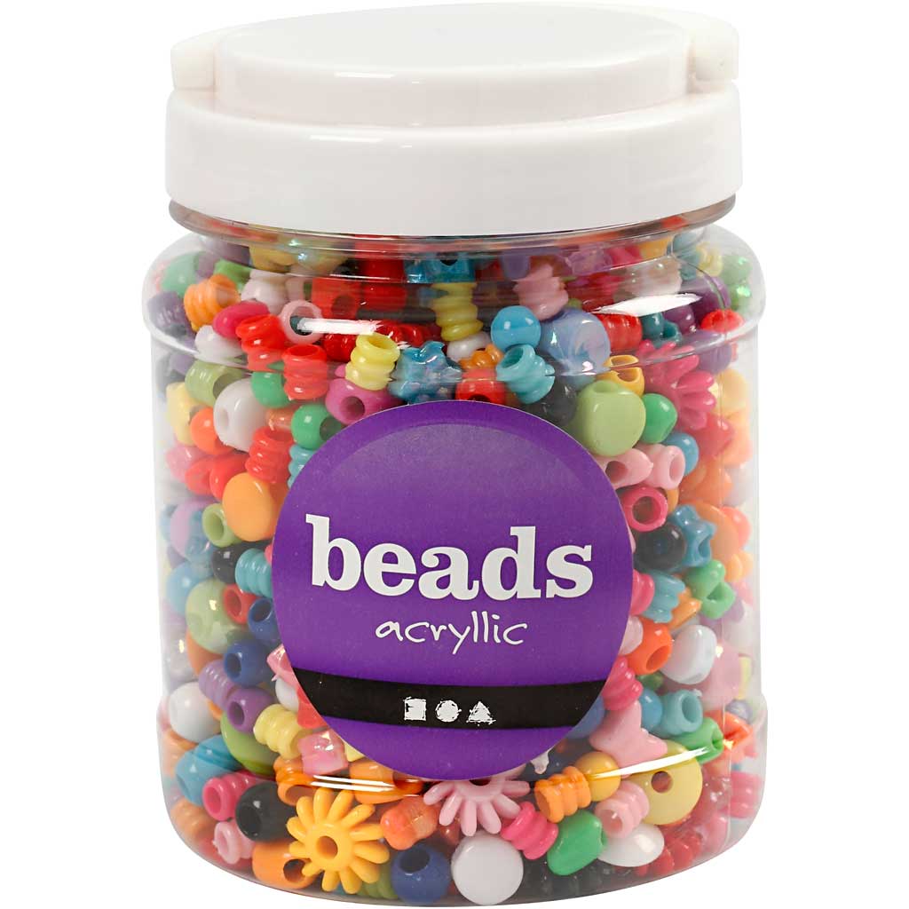 Plastic Beads, size 6-20 mm, hole size 1,5-6 mm, ca. 1175 pc, 390 g, 700 ml/ 1 tub [HOB-618050]
