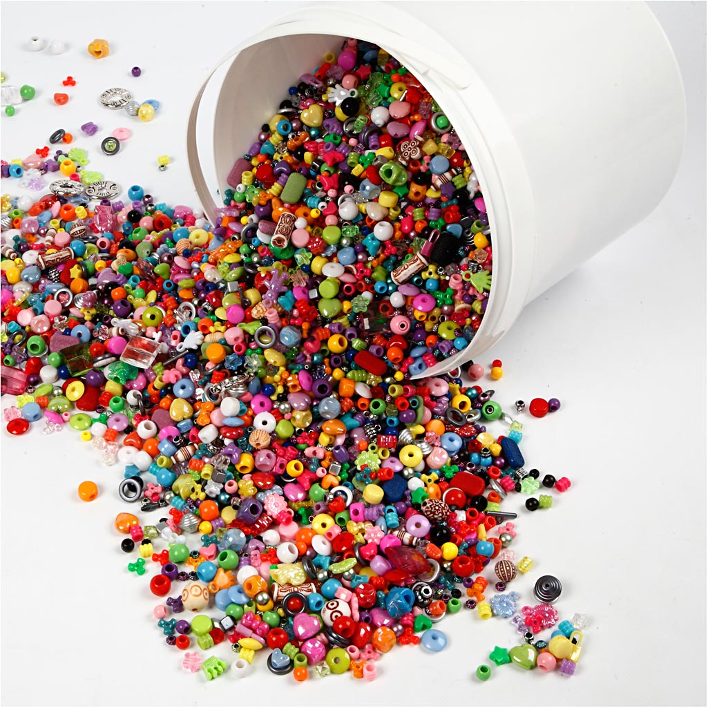 Bucket of Plastic Beads, size 6-20 mm, hole size 1,5-6 mm, ca. 8100 pc, 3000 g, 5700 ml/ 1 bucket [HOB-61805]