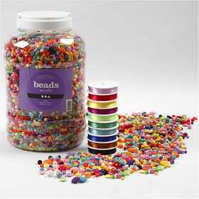 Plastic Beads and Elastic Beading Cord, size 6-20 mm, hole size 1,5-6 mm, ca. 3000 g, 1 pack [HOB-61815]