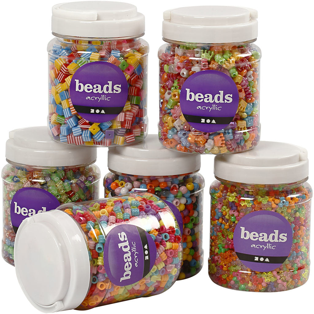 Bead Mix, size 7-10 mm, hole size 2-4 mm, ca. 2400 g, assorted colours, 6x700 ml/ 1 pack [HOB-61827]